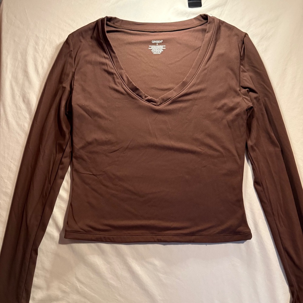 QINSEN Womens Brown Long Sleeve V-Neck Stretchy Fitted Top Size S